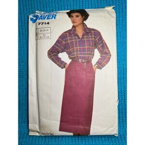McCalls 7714 pattern Midi skirt straight button up blouse 1980s size 10 12 14